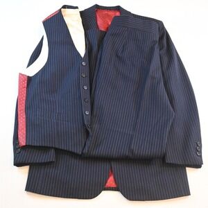 Vtg 1970s 38R 32x34 Navy Blue Flannel Wool Stripe 3 Piece Vest Jacket Pants Suit